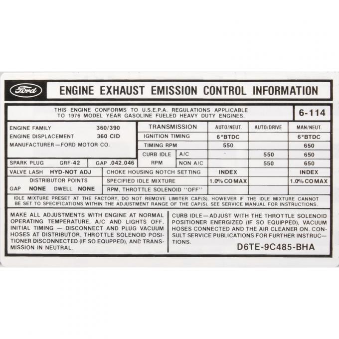 Dennis Carpenter Decal - Emission - 360 AT/MT - 1976 Ford Truck     DF-1180