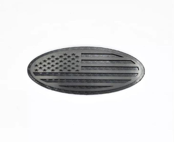 American Car Craft 2017-2022 Ford F250/F350 Tailgate Emblem Replacement- Carbon fiber Base with Black Brushed American Flag Top Plate 782102
