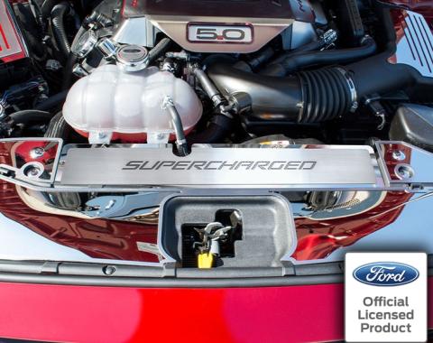 American Car Craft 2015-2017 Mustang GT - Radiator Cover Vanity Plate 'SUPERCHARGED', Stainless Steel, Choose Color 273069