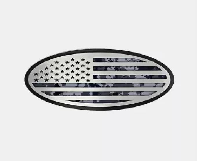 American Car Craft 2017-2022 Ford F250/F350 Tailgate Emblem Replacement- Black Brushed Stainless Steel with Brushed American Flag Top Plate 782104-DGBLUE
