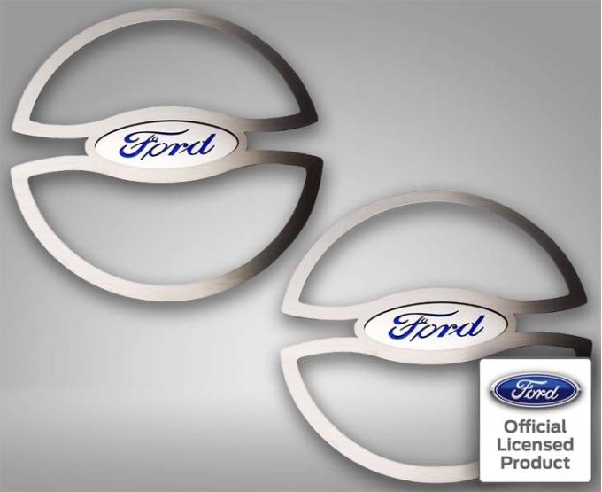 American Car Craft 2010-2014 Mustang - Blue Ford Oval Lower Speaker Trim 2Pc, Brushed Stainless Steel 271050