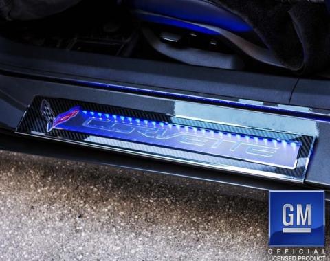 American Car Craft 2014-2019 Z06/C7/Z51 Corvette Stingray - Carbon Fiber Door Sill Overlays 2Pc, Stainless Steel Trim 051018