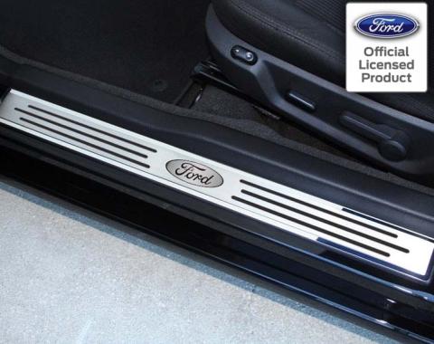 American Car Craft 2010-2014 Mustang - Outer Door Sills Ford Oval with Slotted Carbon Fiber Style 2Pc, Polished/Brushed Stainless Steel 271028