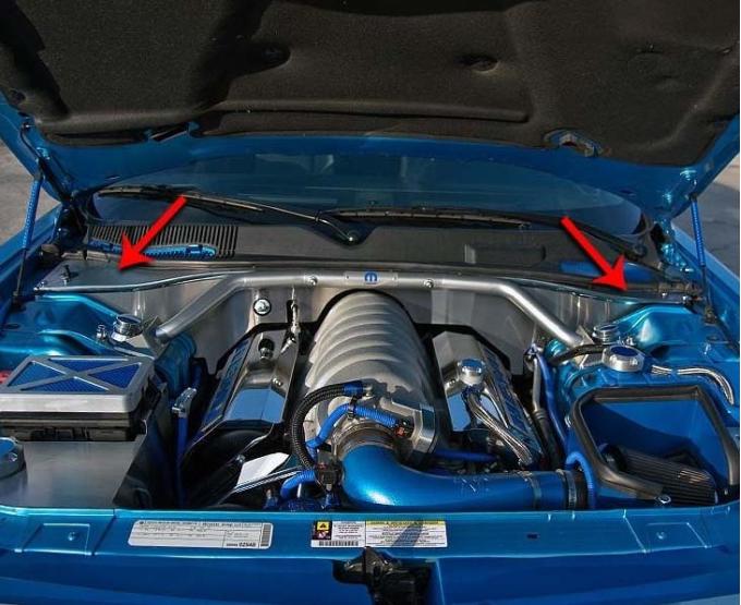 American Car Craft 2008-2019 Challenger - Firewall Extensions with Hood Pin Switch 2Pc, Stainless Steel (Polished) 153050