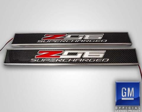 American Car Craft 2014-2019 C7 Corvette - Light Up Z06 SUPERCHARGED Replacement Door Sills 2Pc, Carbon Fiber with Stainless Trim 051026