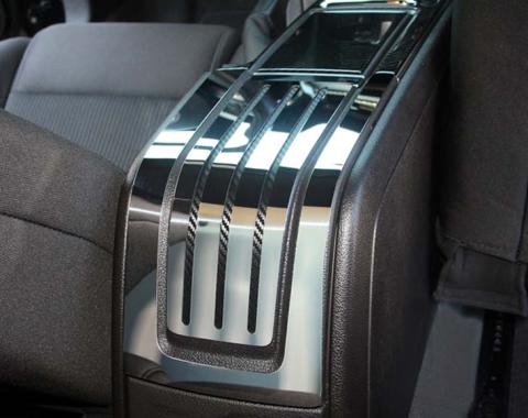 American Car Craft 2010-2014 Mustang - Rear Center Console Cover Slotted/Carbon Fiber, Polished Stainless Steel 271030