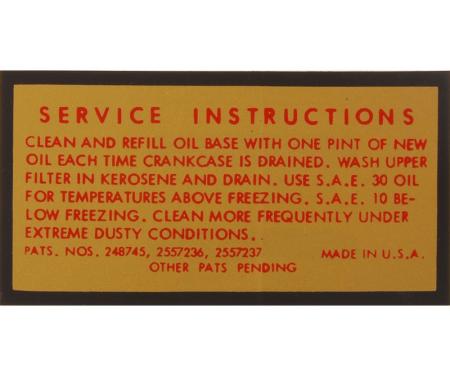 Dennis Carpenter Decal - Air Cleaner Oil Bath Service Instructions - 1955-56 Ford Car   DF-66