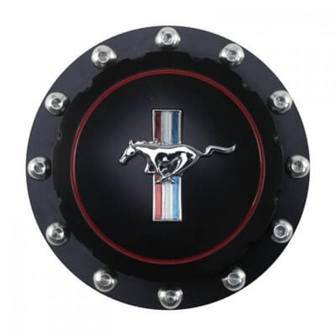 Scott Drake 1964-1973 Ford Mustang Billet Fuel Cap Black with Tri-Bar Horse Logo B-9030-H-BK