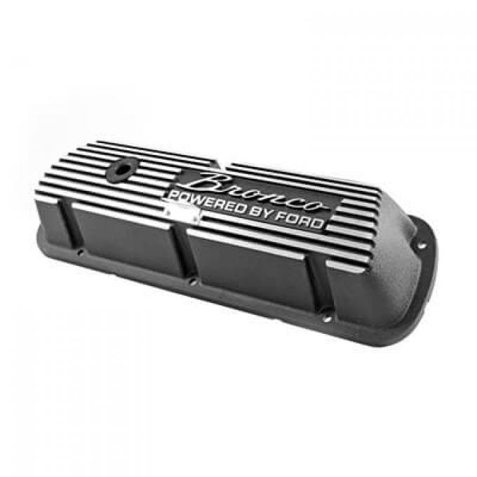 Scott Drake 1966-1977 Ford Bronco Aluminum Valve Covers Black with Bronco Powered by Ford Logo 6A582-B