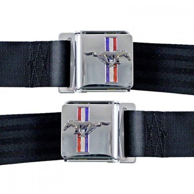 Scott Drake 1964-1973 Ford Mustang Seat Belt with Tri-Bar Running Horse Emblem Pair Black SB-BK-H