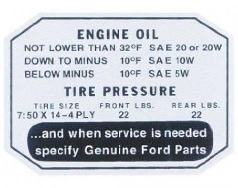 Ford Thunderbird Glove Box Decal, Engine Oil / Tire Pressure, 1957