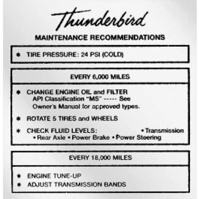 Ford Thunderbird Glove Box Decal, Tire Pressure, 1962-63