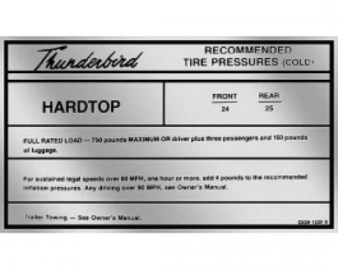 Ford Thunderbird Glove Box Decal, Tire Pressure, Coupe, 1966
