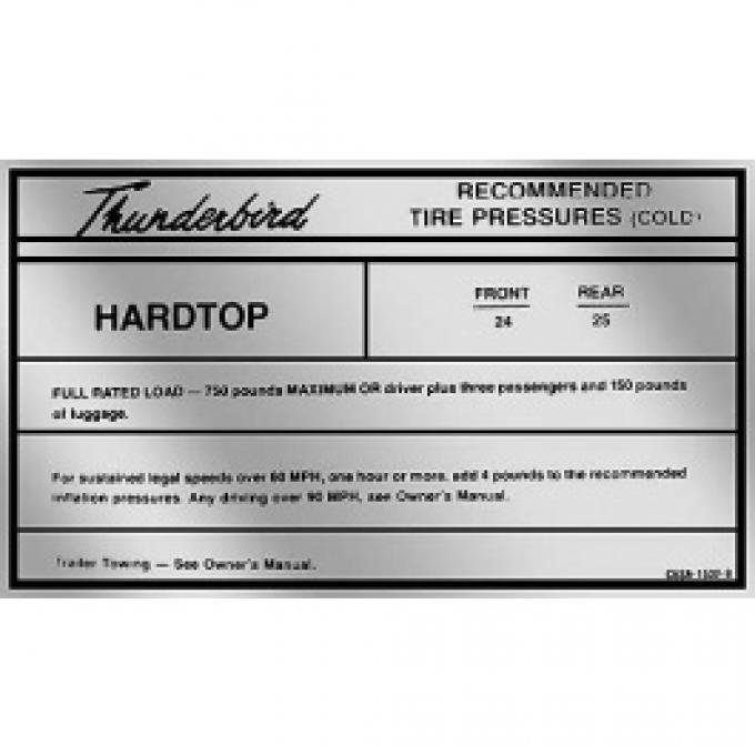 Ford Thunderbird Glove Box Decal, Tire Pressure, Coupe, 1966