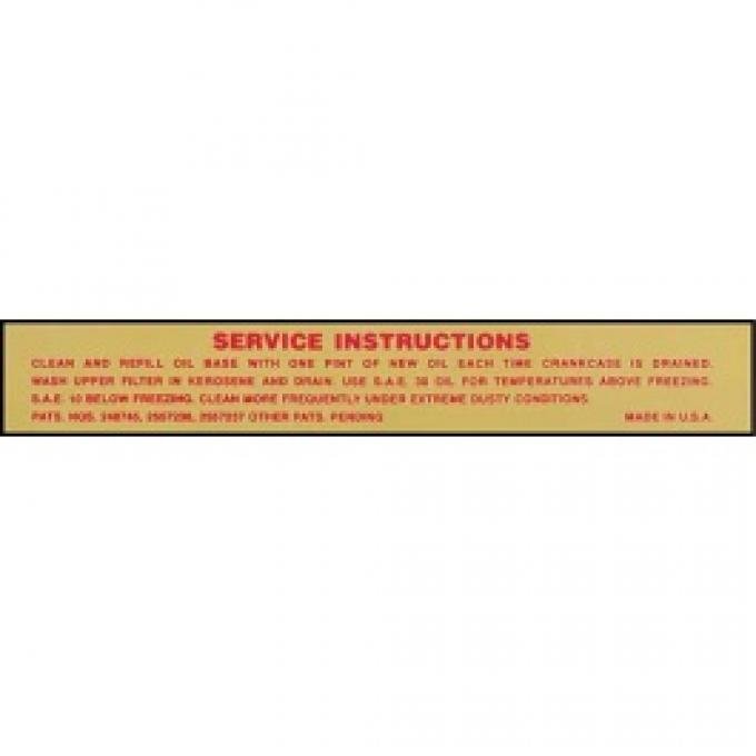 Ford Thunderbird Air Cleaner Decal, Service Instructions, 1956-57
