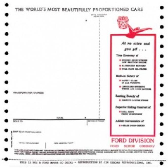 Ford Thunderbird Window Price Sticker, New Car, 1959