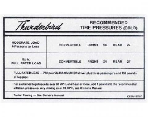 Ford Thunderbird Glove Box Decal, Tire Pressure, Convertible, 1966