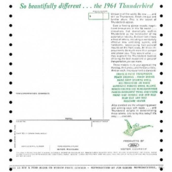 Ford Thunderbird Window Price Sticker, New Car, Early 1964