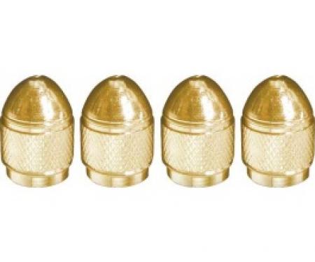 Valve Stem Caps, Aluminum, Bullet Shaped, Knurled Center, Gold, Set Of 4