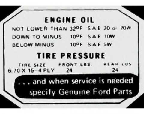 Ford Thunderbird Glove Box Decal, Tire Pressure, 1955-56