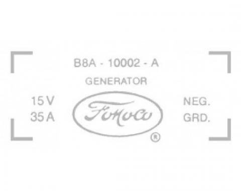 Ford Thunderbird Generator Decal, 35 Amp Generator With Air Conditioning, B8A-10002-A, 1958-60