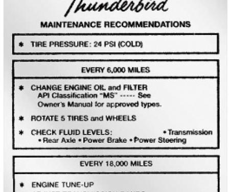 Ford Thunderbird Glove Box Decal, Tire Pressure, 1962-63