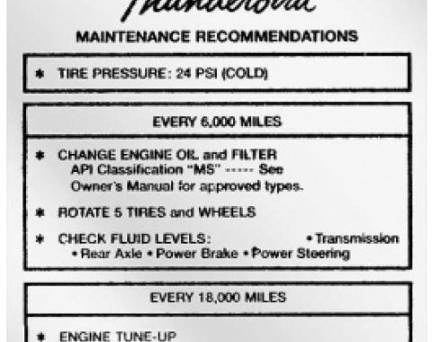 Ford Thunderbird Glove Box Decal, Tire Pressure, 1962-63