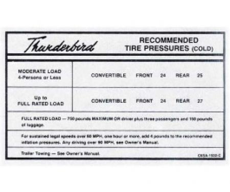 Ford Thunderbird Glove Box Decal, Tire Pressure, Convertible, 1966