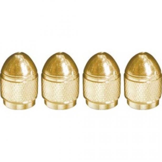 Valve Stem Caps, Aluminum, Bullet Shaped, Knurled Center, Gold, Set Of 4