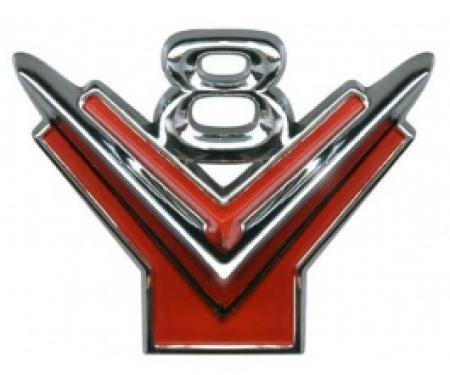 Ford Thunderbird Fender Emblem, Y-Block V8, Chrome With Red Painted Background, 1955