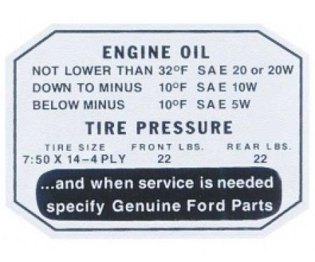 Ford Thunderbird Glove Box Decal, Engine Oil / Tire Pressure, 1957