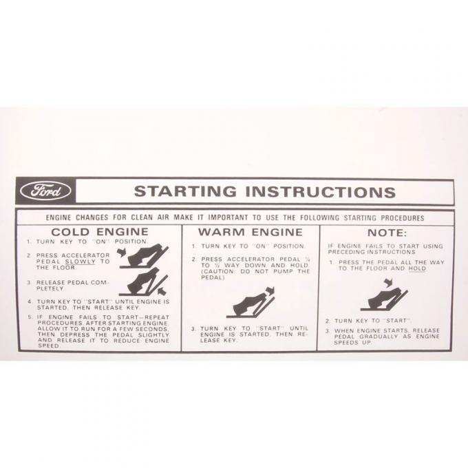 Dennis Carpenter Decal - Starting Instructions - 1962-73 Ford Car   DF-170