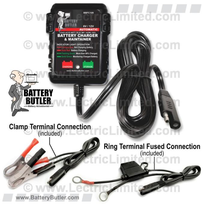 Lectric Limited 1929-2012 American Motors / Buick / Cadillac / Chevrolet / Chrysler / DeSoto / Dodge / Ford / GMC / Jeep / Mercury / Oldsmobile / Plymouth / Pontiac / Studebaker / Volkswagen Battery Butler – Battery Storage Charger: 6/12 Volt BBFC100