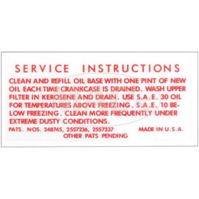 Oil Bath Air Cleaner Decal - Service Instructions - Ford