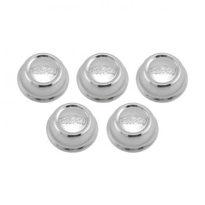 Model A Ford Hub Cap Set - 5 Pieces - Chrome Plated - Ford Script - Fits 2-5/8 Rim Opening - Reproduction