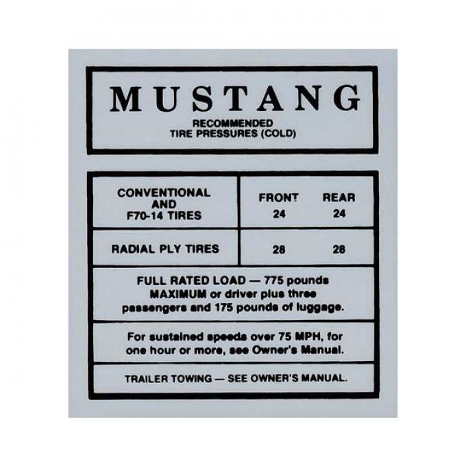 Ford Mustang Decal - Glove Box Tire Pressure - Through Early 1968