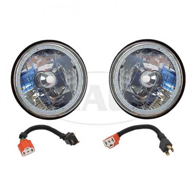 Headlights, 7 Inch Round White Diamond With Single Color White LED Halo