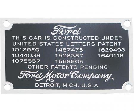 Model A Ford Data Patent Plate - Mounts On Firewall