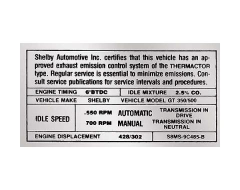 Ford Mustang Decal - Emissions - Shelby 302 Or 428 V-8 WithAutomatic Or Manual Transmission