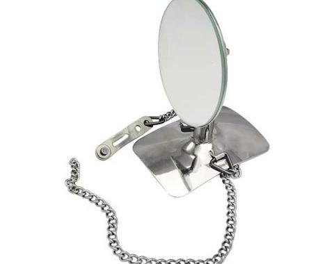 Model A Ford Spare Tire Side Mount Rear View Mirror - Chrome Base & Arm With Stainless Mirror Head - Chain Mount