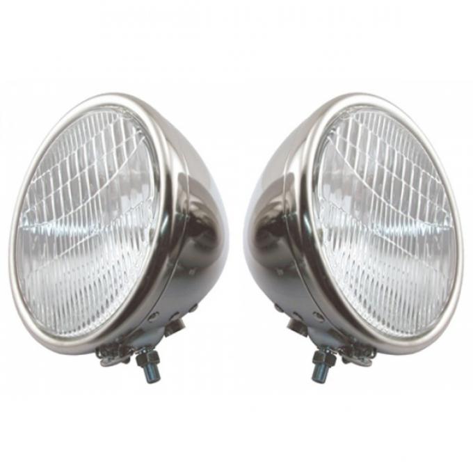 Model A Ford Headlights - Complete - Stainless Steel - 2 Bulb Type - Ford Script - 12 Volt Halogen - Turn Signals Included