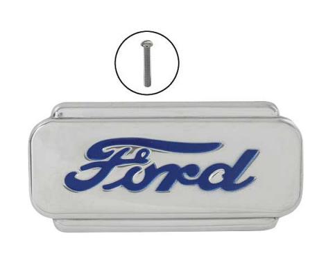 Hood Emblem - Ford Script - Die Stamped - Chrome With Blue Insert - Ford Pickup, Commercial & Truck Except Sedan Delivery