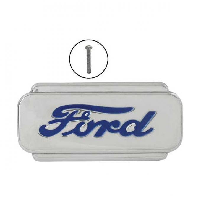 Hood Emblem - Ford Script - Die Stamped - Chrome With Blue Insert - Ford Pickup, Commercial & Truck Except Sedan Delivery