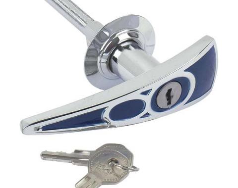 Locking Trunk Lid Handle - Chrome With V8 On A Blue Background - Includes 2 Keys - Ford