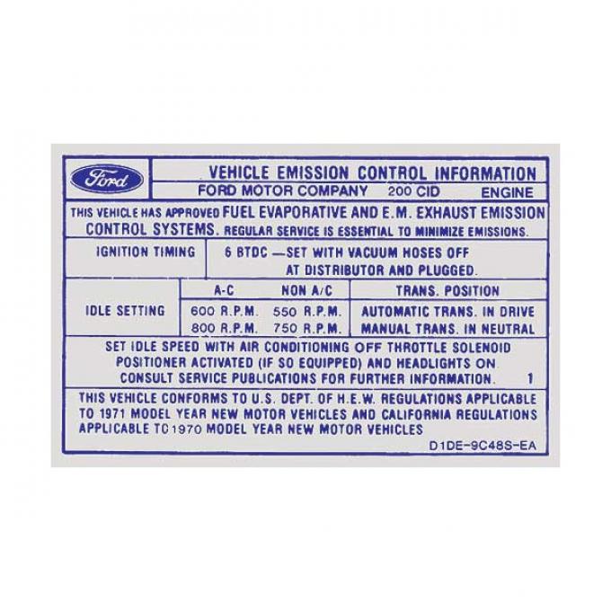 Ford Mustang Decal - Emissions - 200 6 Cylinder With 1 Barrel Carburetor And Automatic Or Manual Transmission