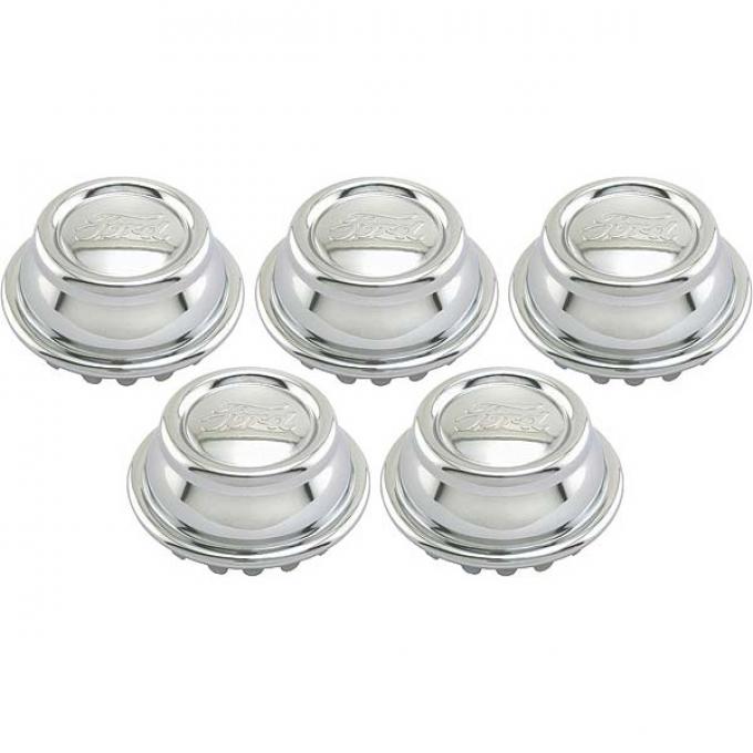 Model A Ford Hub Cap Set - 5 Pieces - Chrome Plated - Ford Script - Fits 2-5/8 Rim Opening - Show Car Top Quality