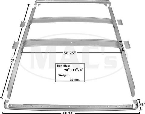 Roof Inner Braces, 7 Piece Set, Weld-Thru Primer, 1966-1977