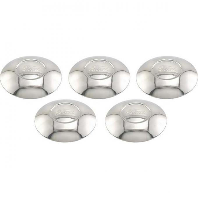 Model A Ford Hub Cap Set - 5 Pieces - Stainless Steel - Ford Script - Fits 3-3/4 Rim Opening - Reproduction