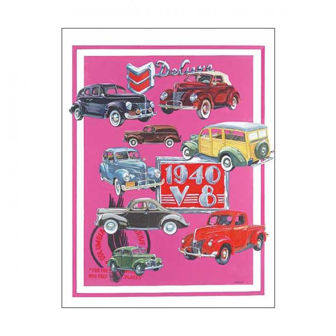 Poster - Depicts Classic Fords From 1940 - 27 X 36