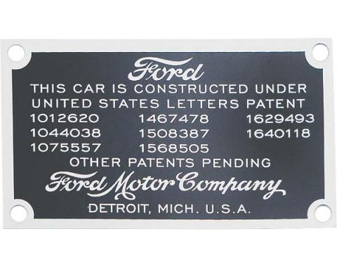 Model A Ford Data Patent Plate - Mounts On Firewall